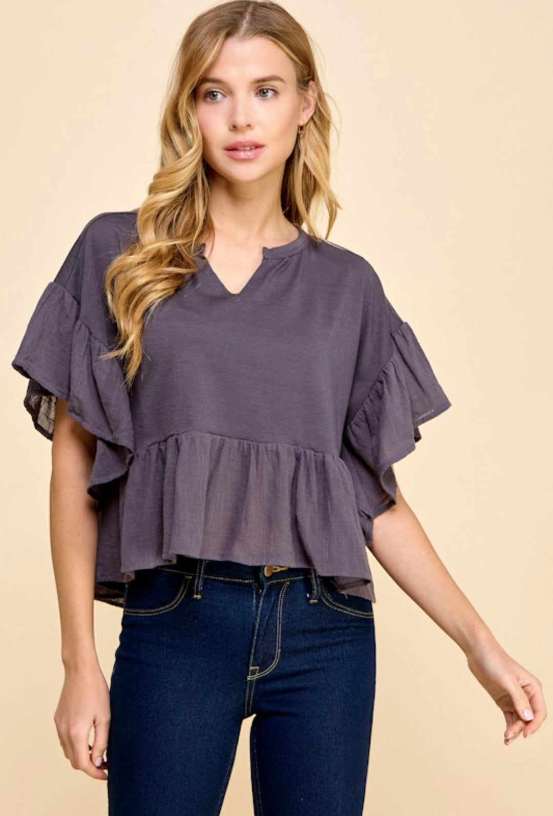 Ruffle Sleeve Babydoll Top, charcoal