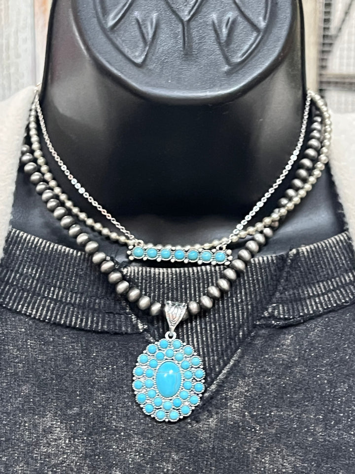 Silver Flat Bar w/Turquoise Beads Necklace