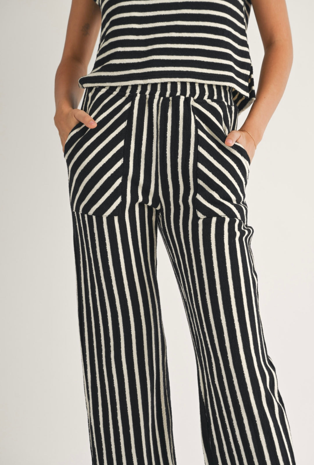 Textured Knit Black and White Stripe Knitted Pants
