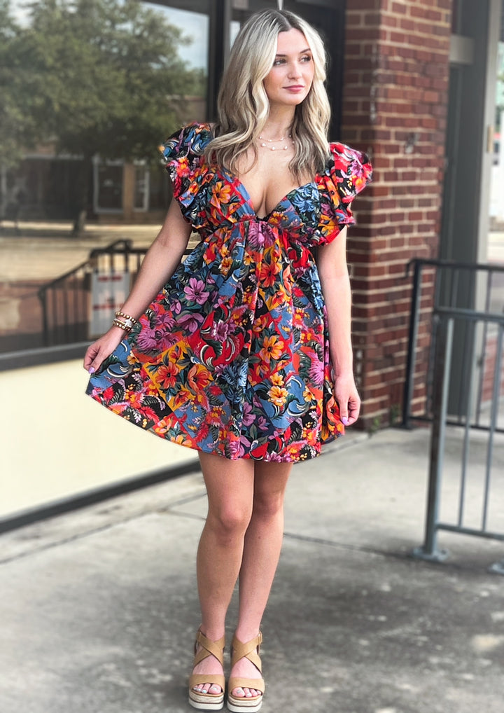 Floral print mini dress with ruffle sleeve