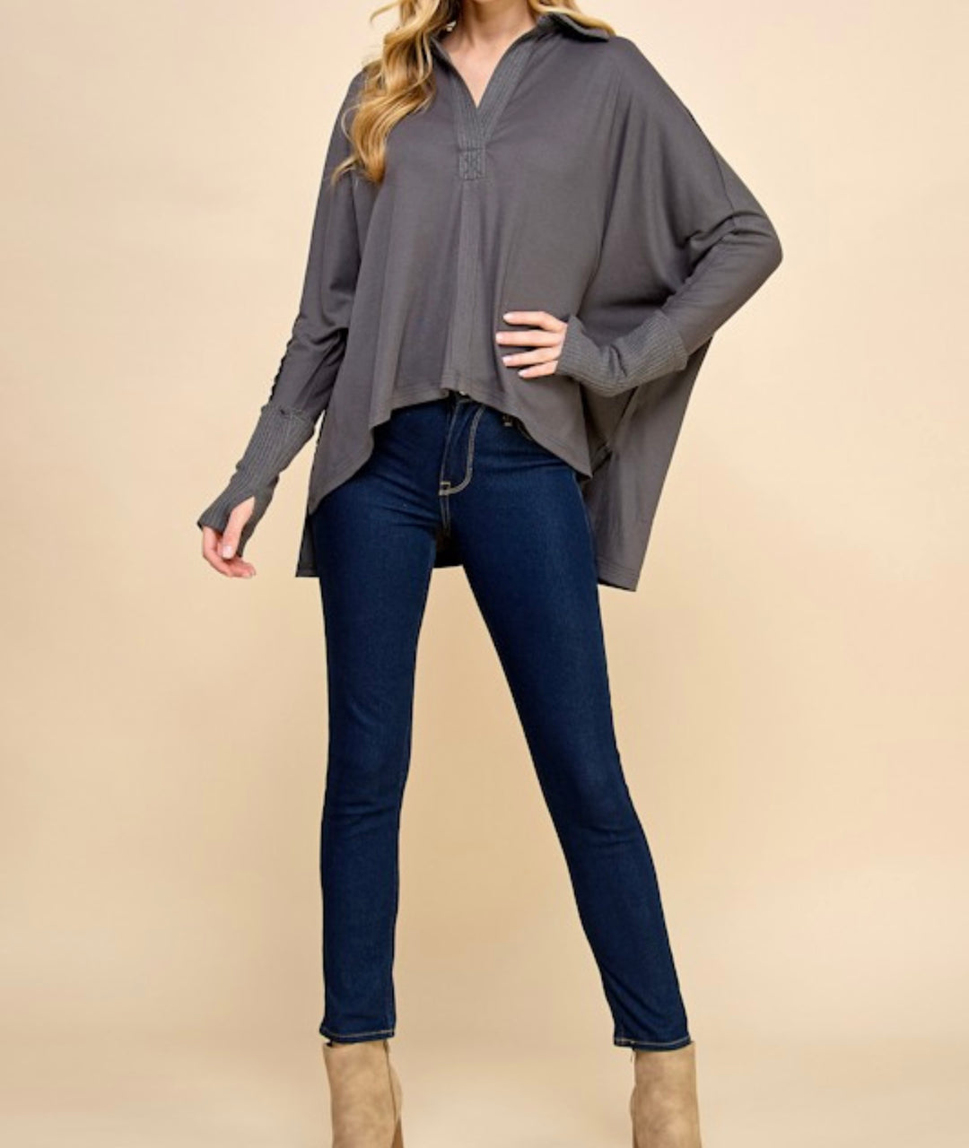 Soft Mixed Texture collared Knit Top in Charcoal