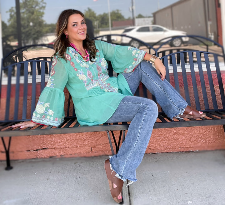 Bell 3/4 Sleeve embrodery Tunic Top, Sage Green