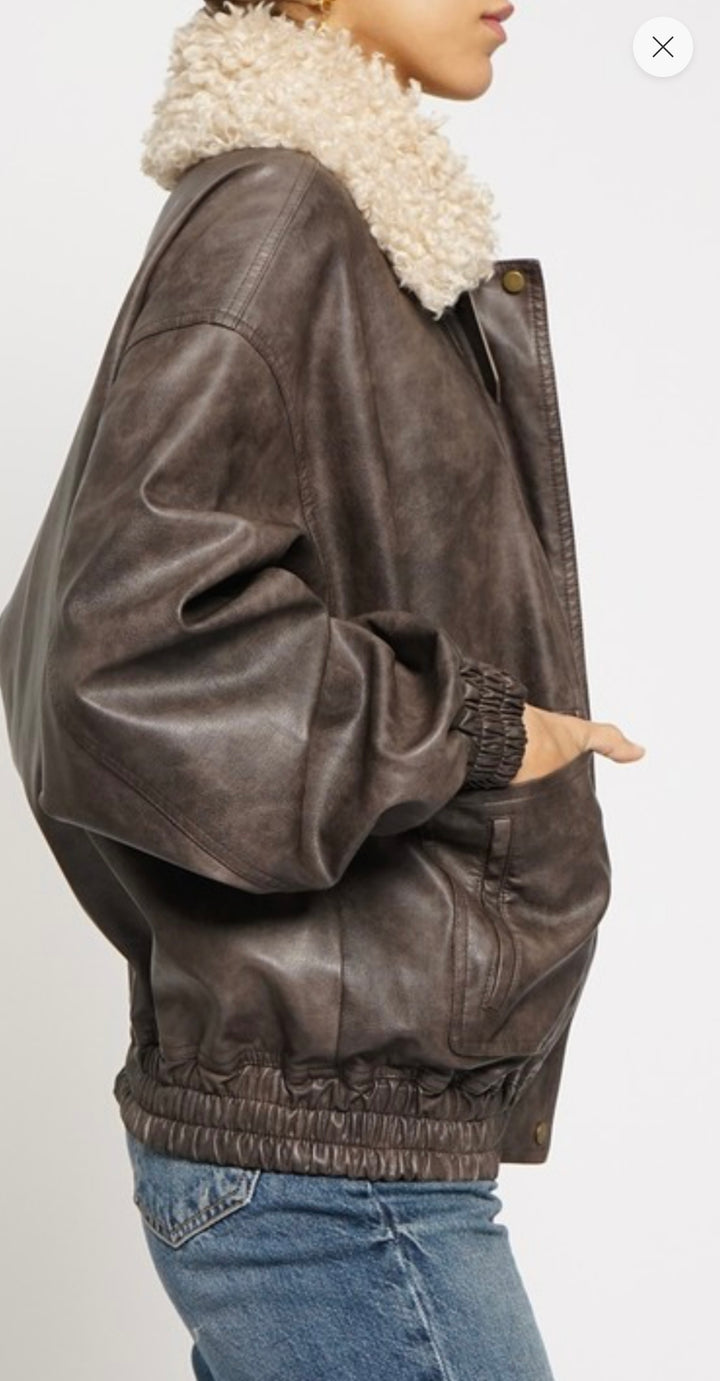 Bomber Jacket PU leather With Contrasting Collar