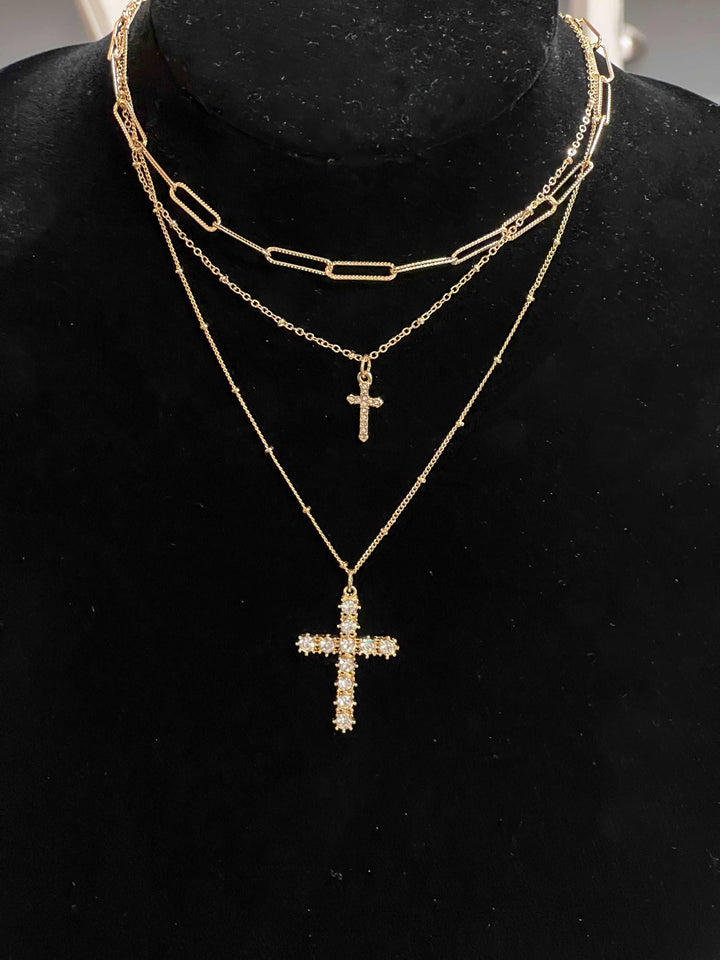 Gold Triple Chain Cross Bling Necklace