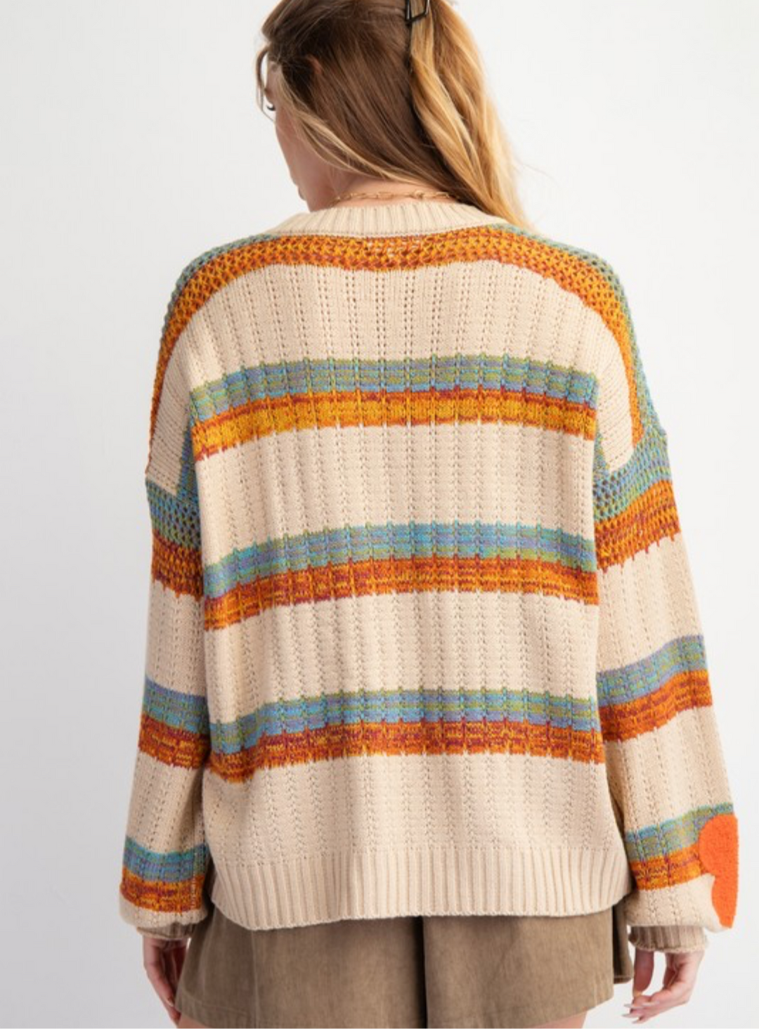 Stripe and Flower Pattern Light Weight Sweater