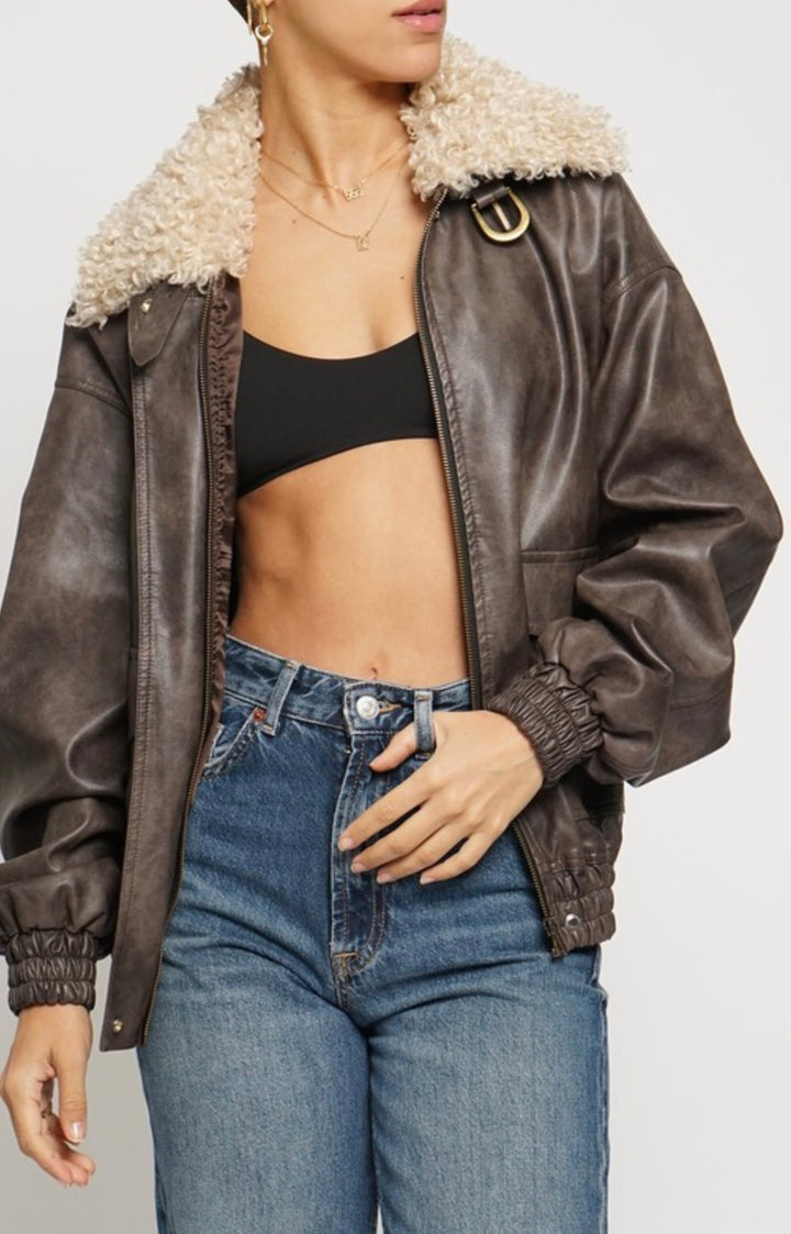 Bomber Jacket PU leather With Contrasting Collar