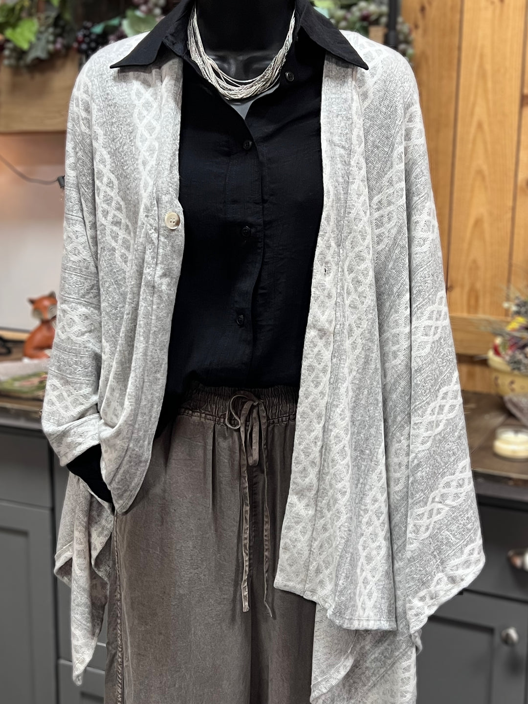 Cable Knit Poncho Cardigan in Heather Grey