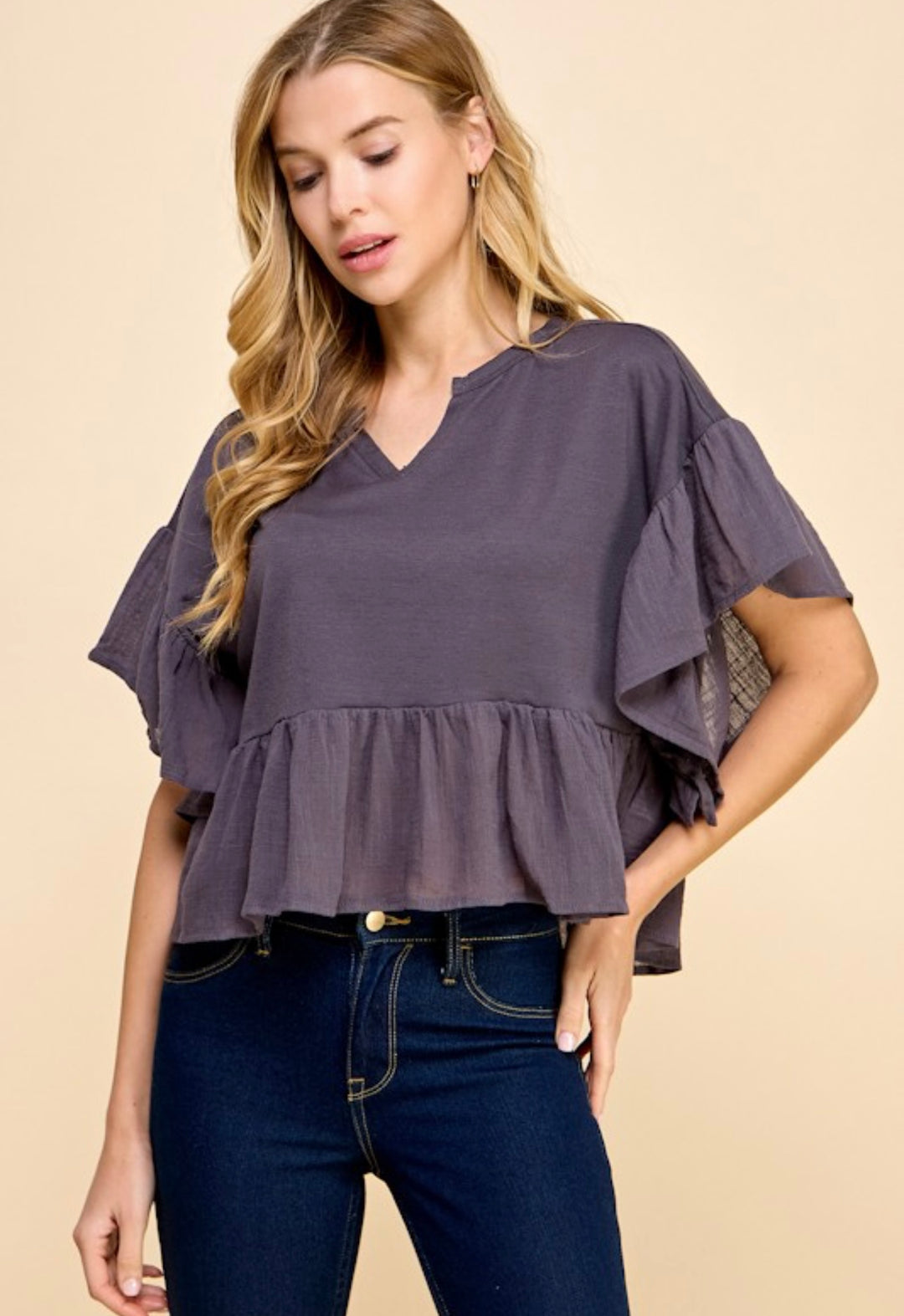 Ruffle Sleeve Babydoll Top, charcoal