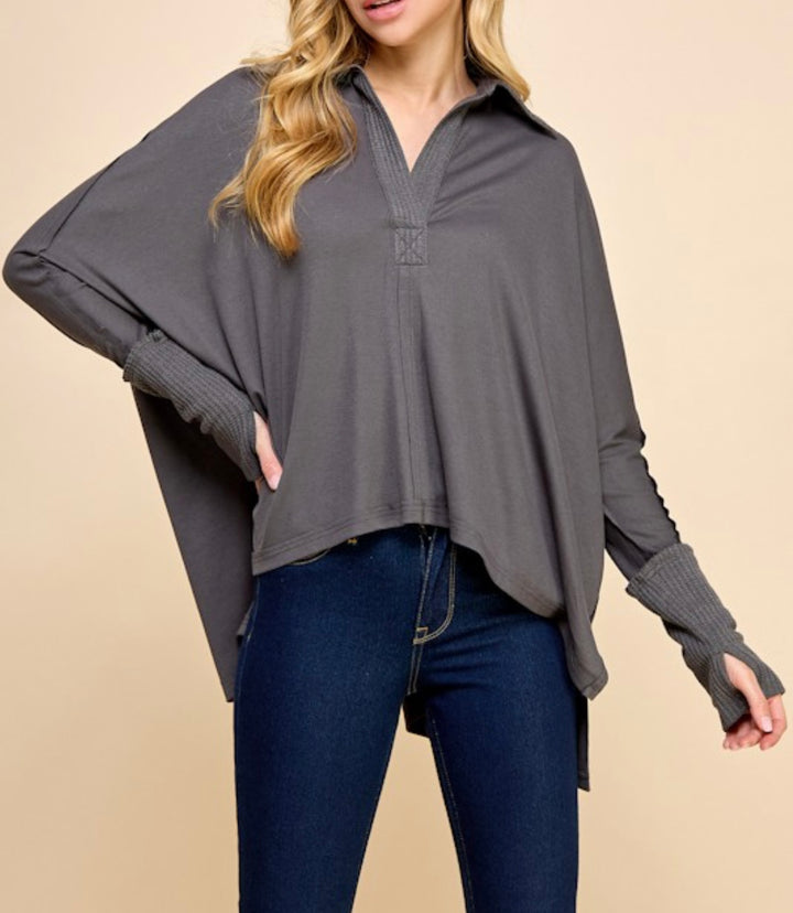 Soft Mixed Texture collared Knit Top in Charcoal