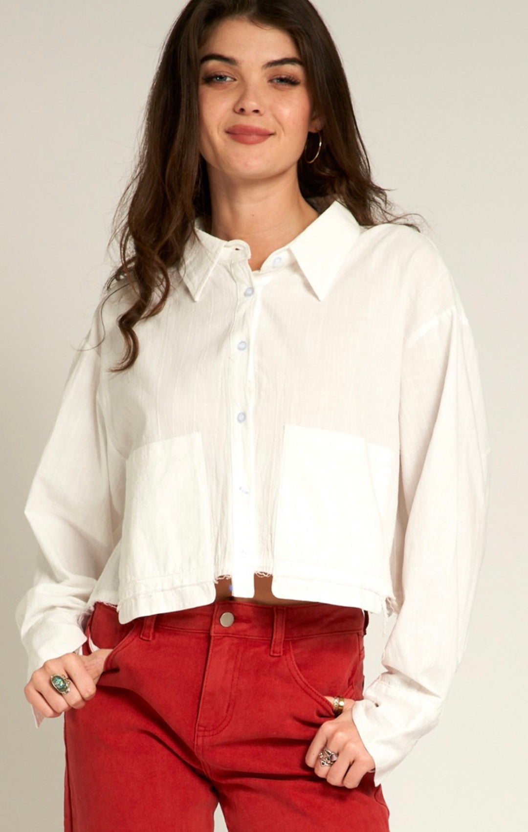 Long Sleeve Button up CroppedTop White