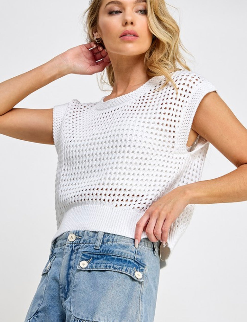 Open Weave Knit Vest Top White