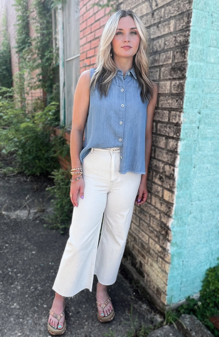 Tencel Sleeveless Button Up Top