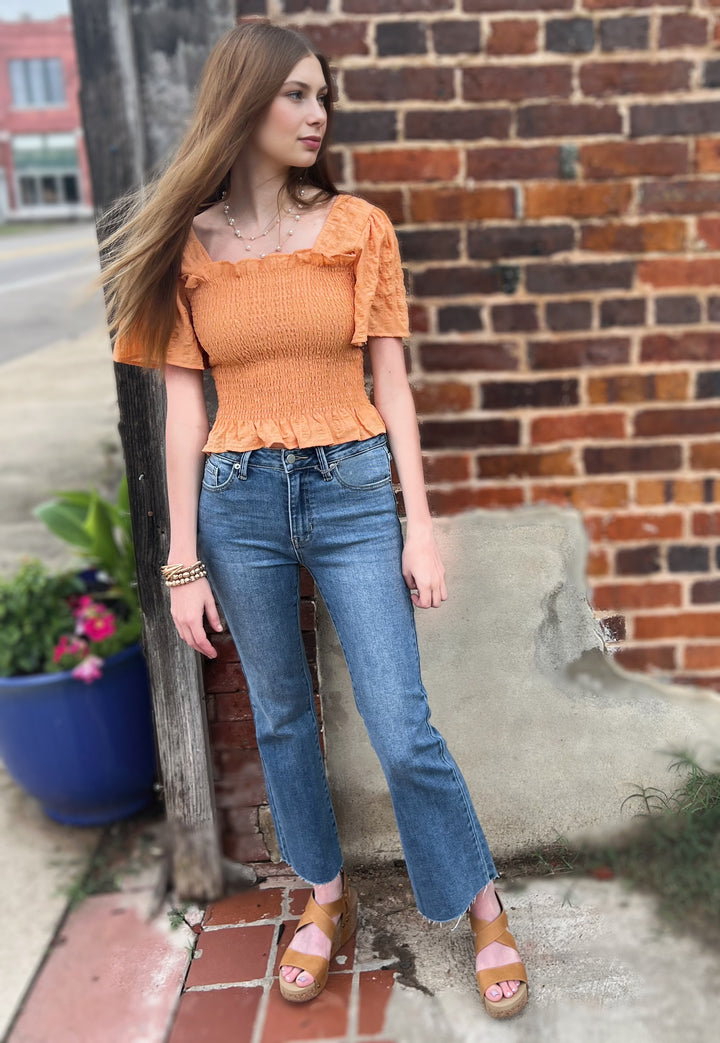 Textured Smocking 1/2 Sleeve Tangerine