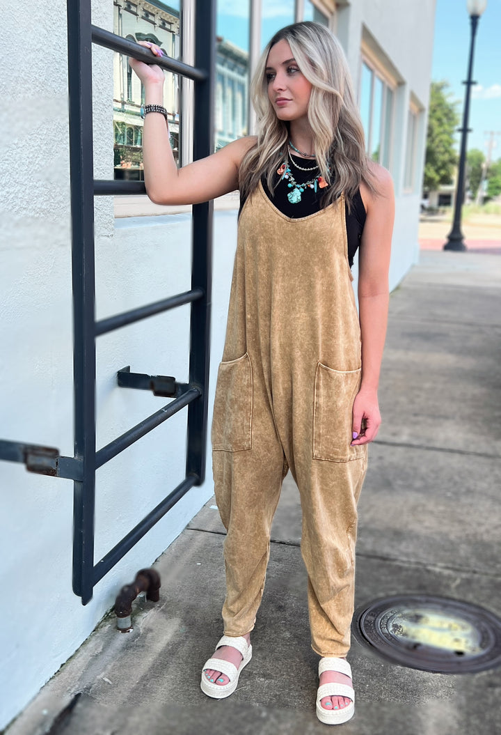 Spaghetti Strap Scoop Neck Jumpsuit Camel