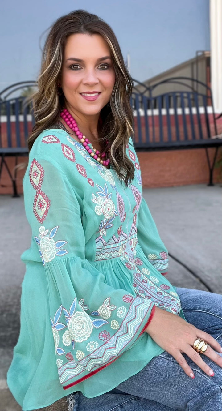 Bell 3/4 Sleeve embrodery Tunic Top, Sage Green