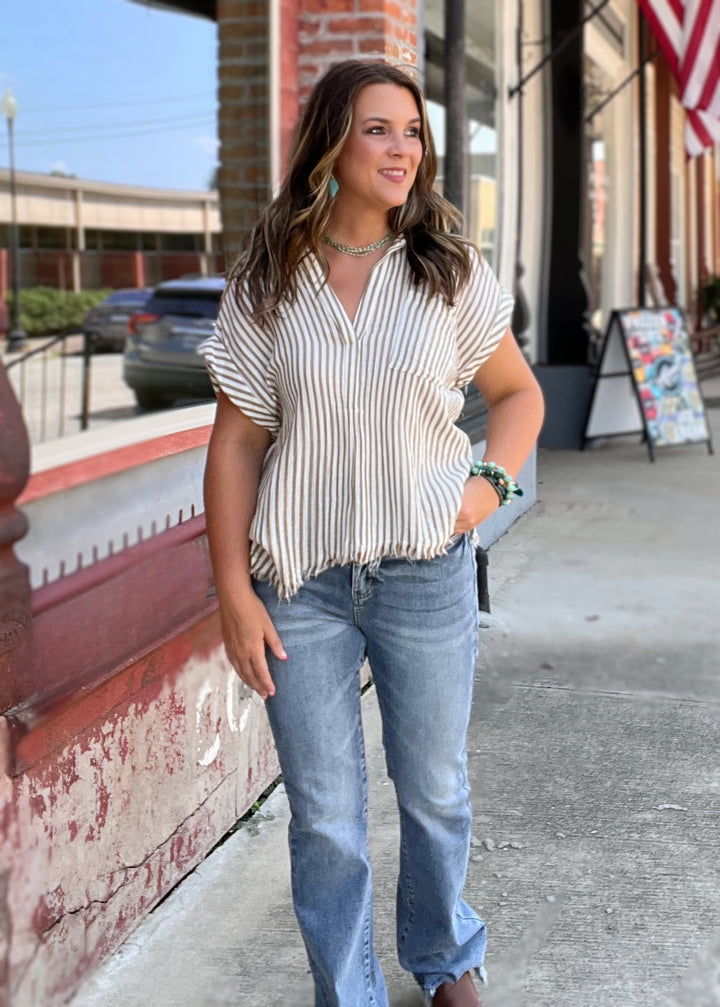 Coffee and White Striped Short Sleeve Top