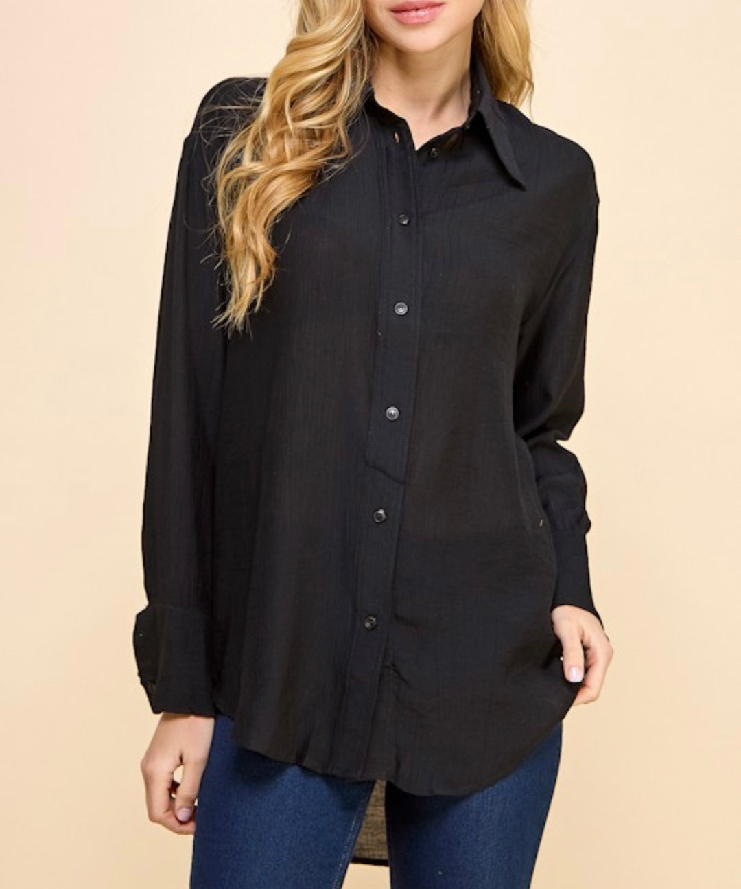 Crinkled Textured Button Up Long sleeve Shirt in Black