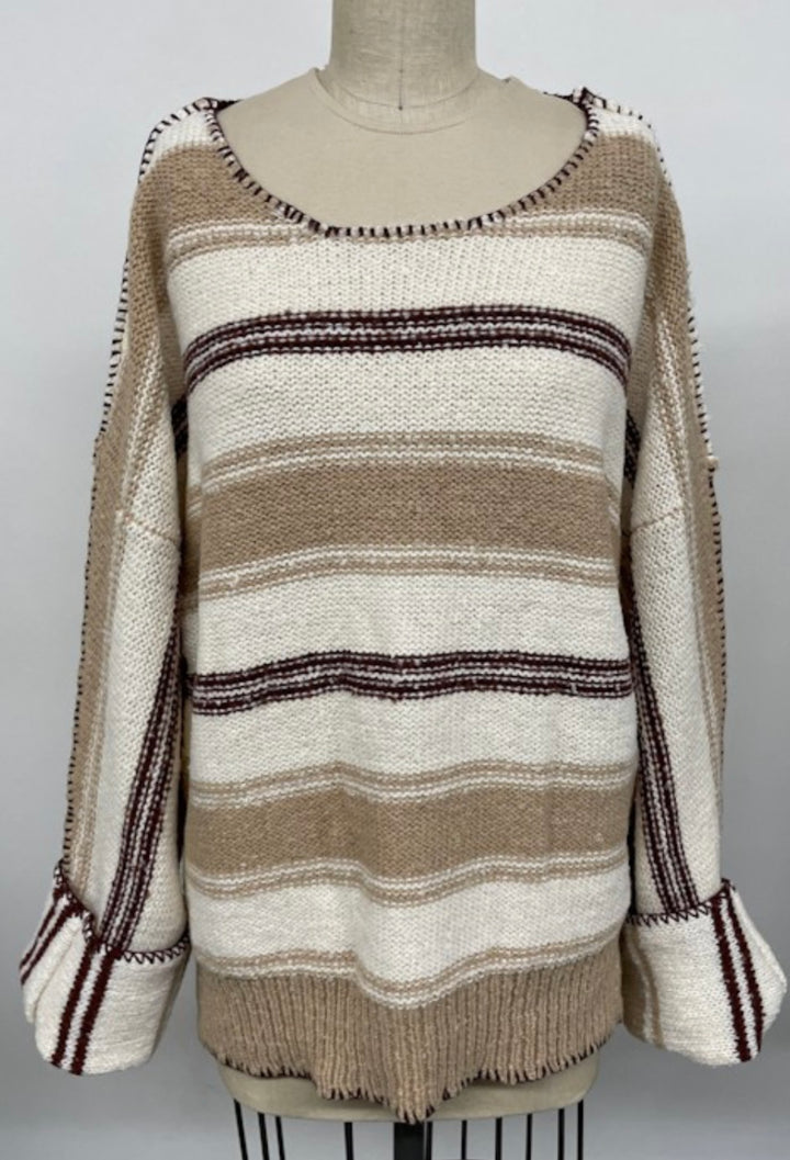 Stitch Detail Stripe Sweater in Cream/Taupe/Chocolate