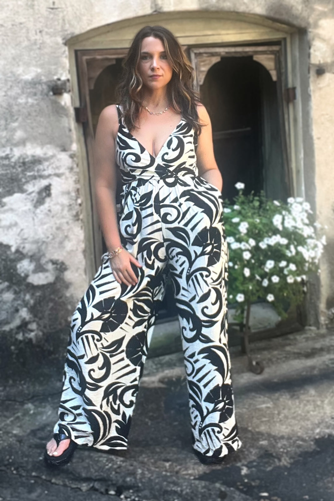 Spaghetti Strap Black and Natural Print Jumpsuit