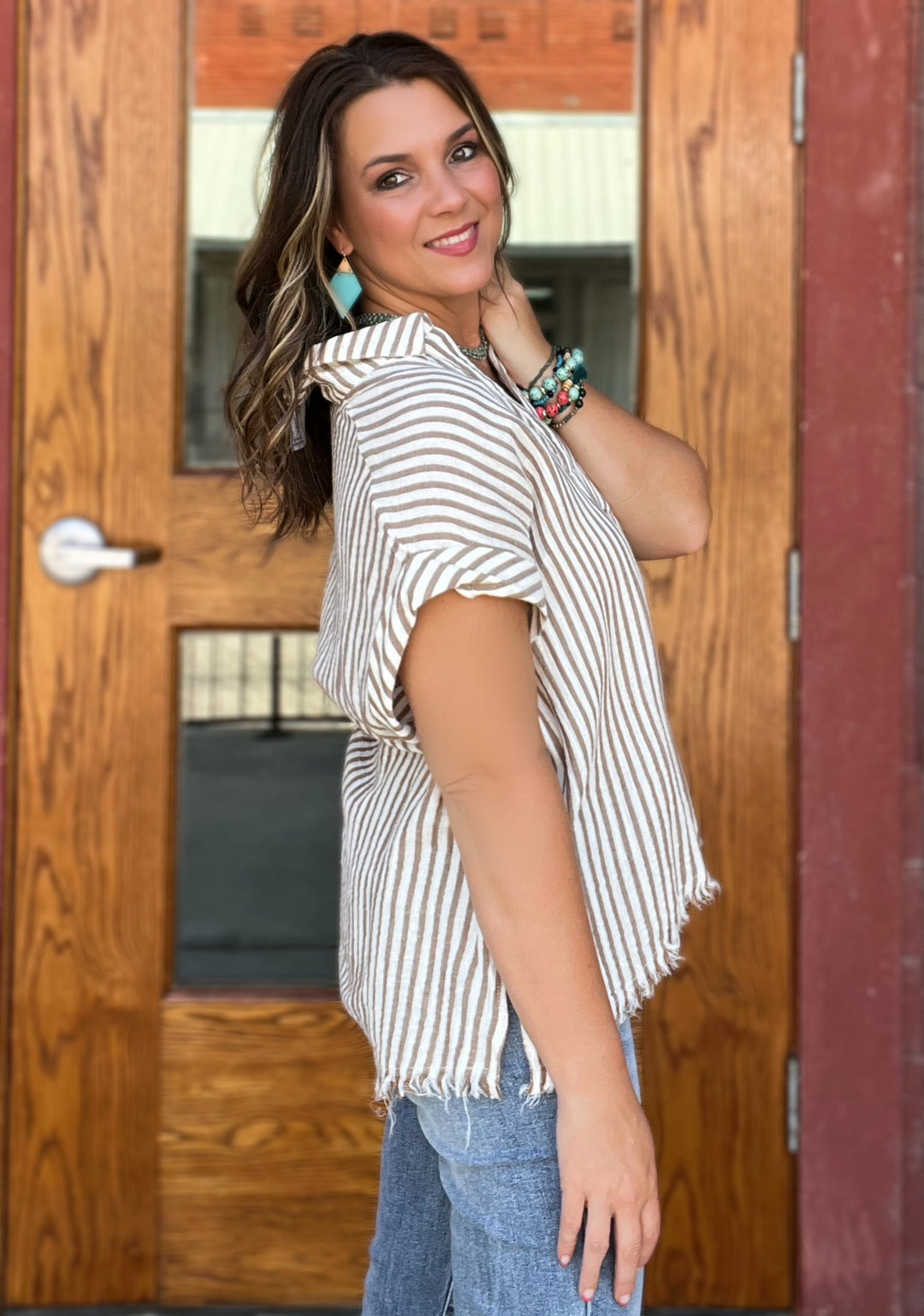 Coffee and White Striped Short Sleeve Top