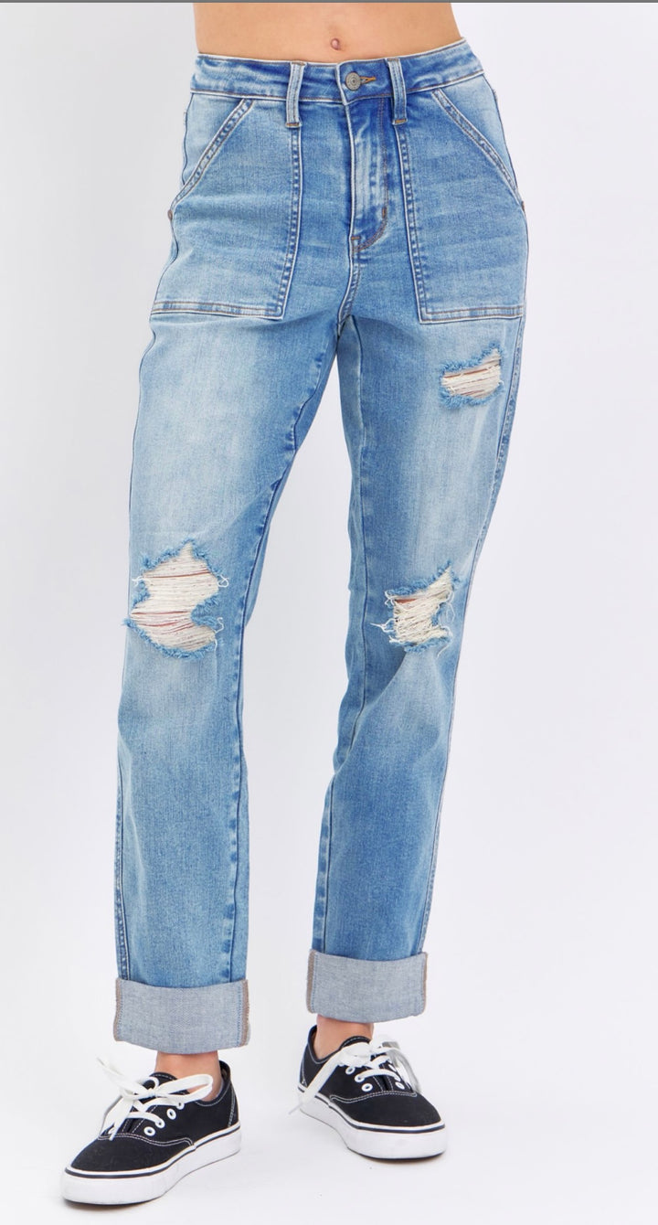 Judy Blue HW Patch Pocket and Destroy Cuffed Jeans