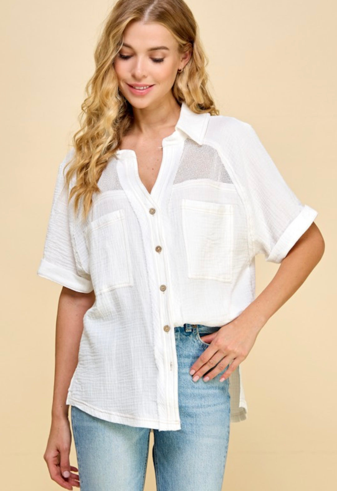 Netted Yoke Button up Shirt Off White