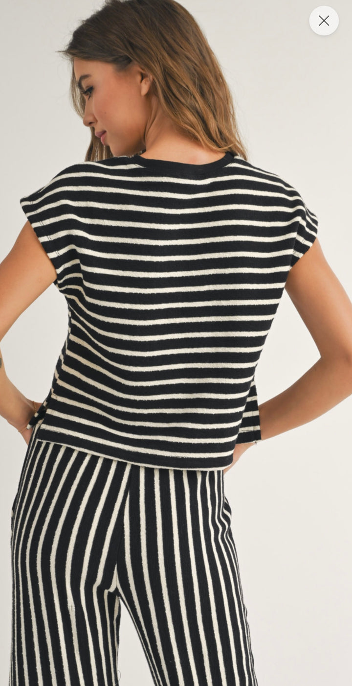 Textured Knit Black and White Stripe Knitted Top
