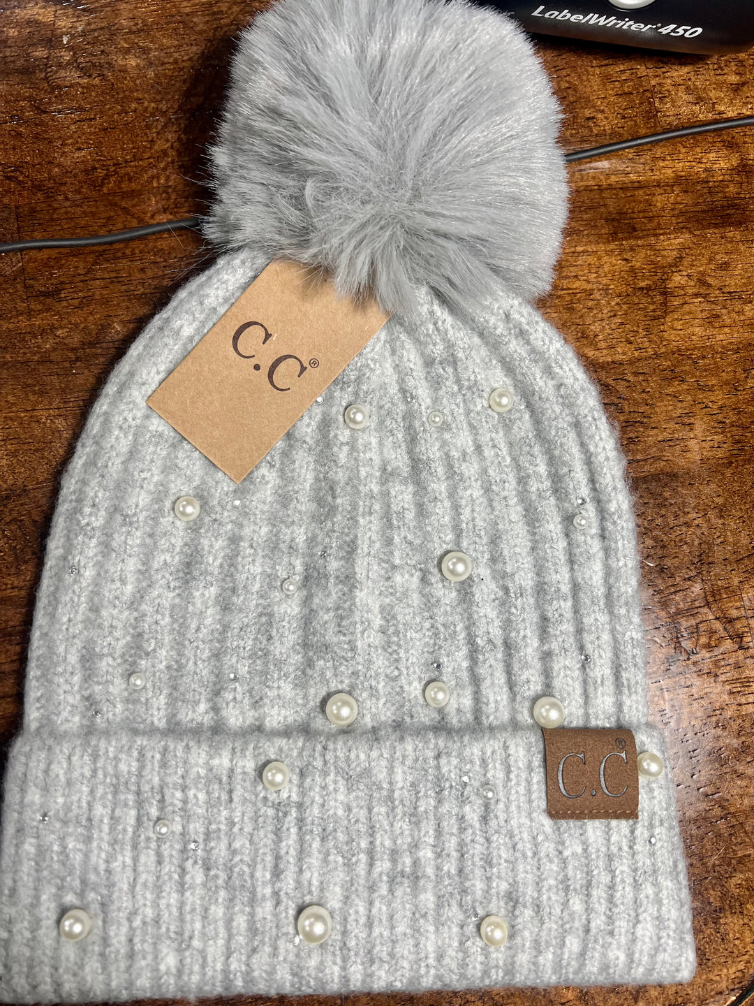 CC Beanie with PomPom and Pearl accents in Light Grey