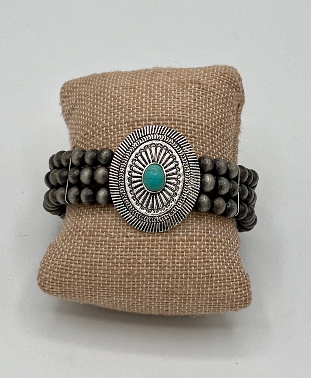 Stretch Bracelet in Silver Bead with Turquoise concho