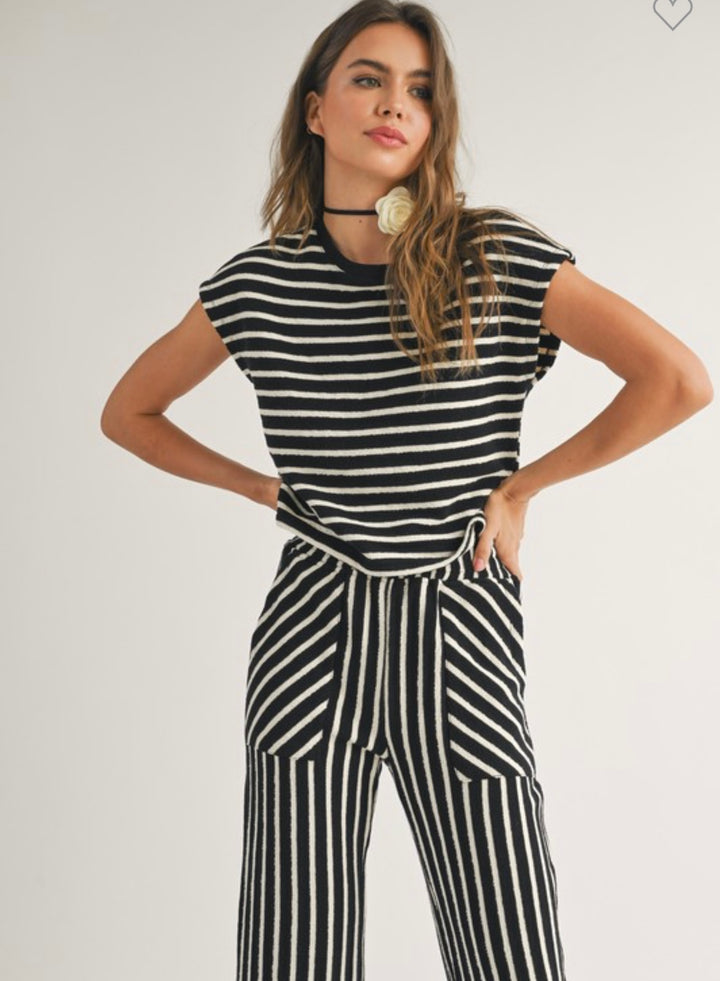 Textured Knit Black and White Stripe Knitted Top