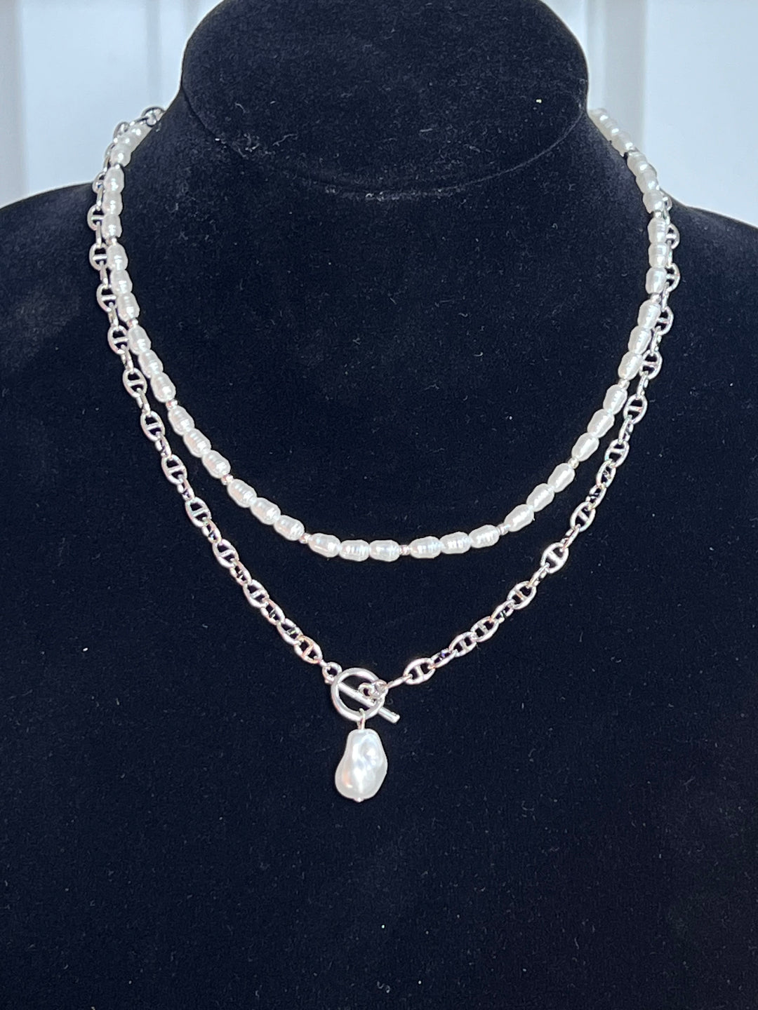 Silver and Pearl Layered w/Pearl Nugget Necklace