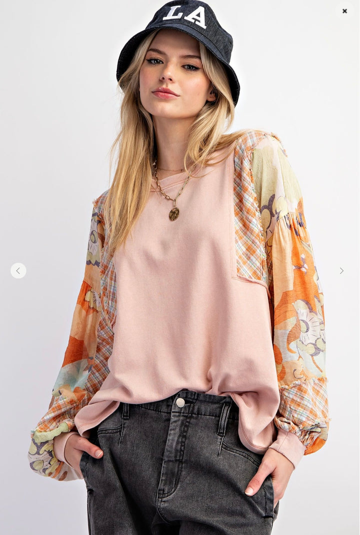 Print Sleeve Mix Terry Knit Top