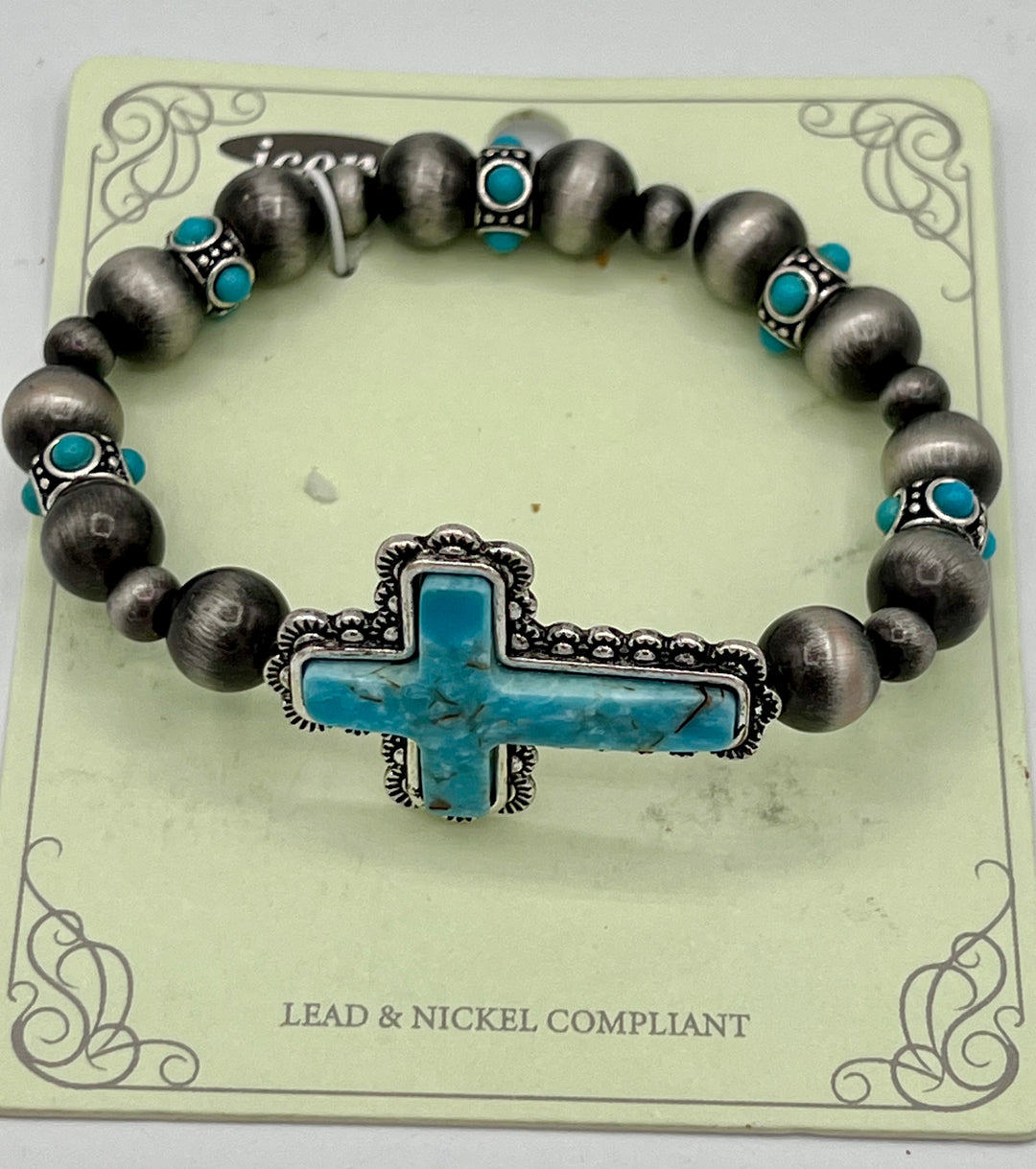 Navajo Style stretch Bracelet in Silver Bead with Turquoise Cross