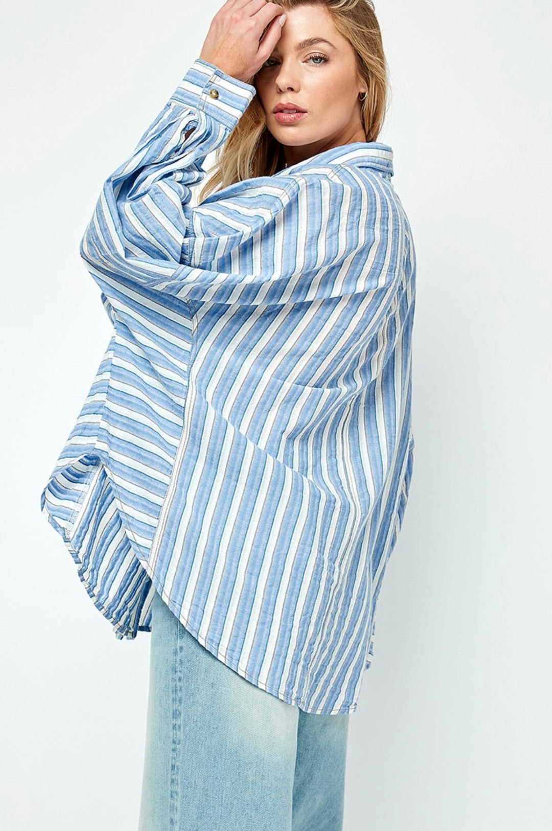 Striped Button down Top with Contrast Blue and White