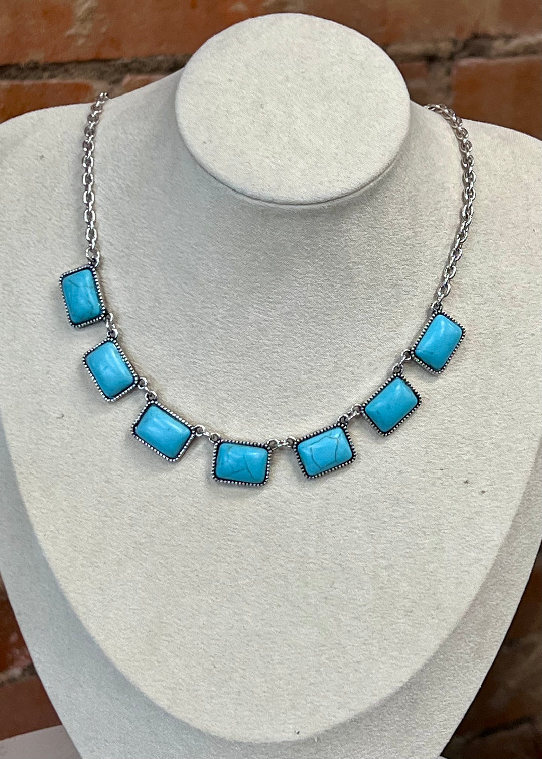 Silver Chain with Rectangle Turquoise Stone Necklace