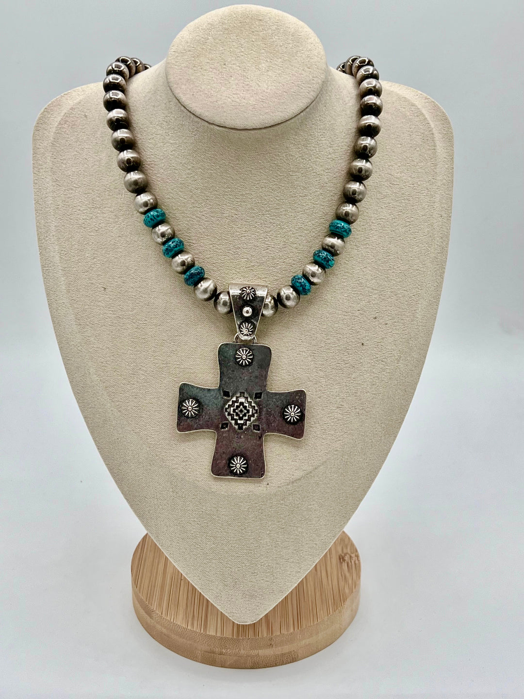 Navajo Pearl and Turquoise Silver Cross Necklace