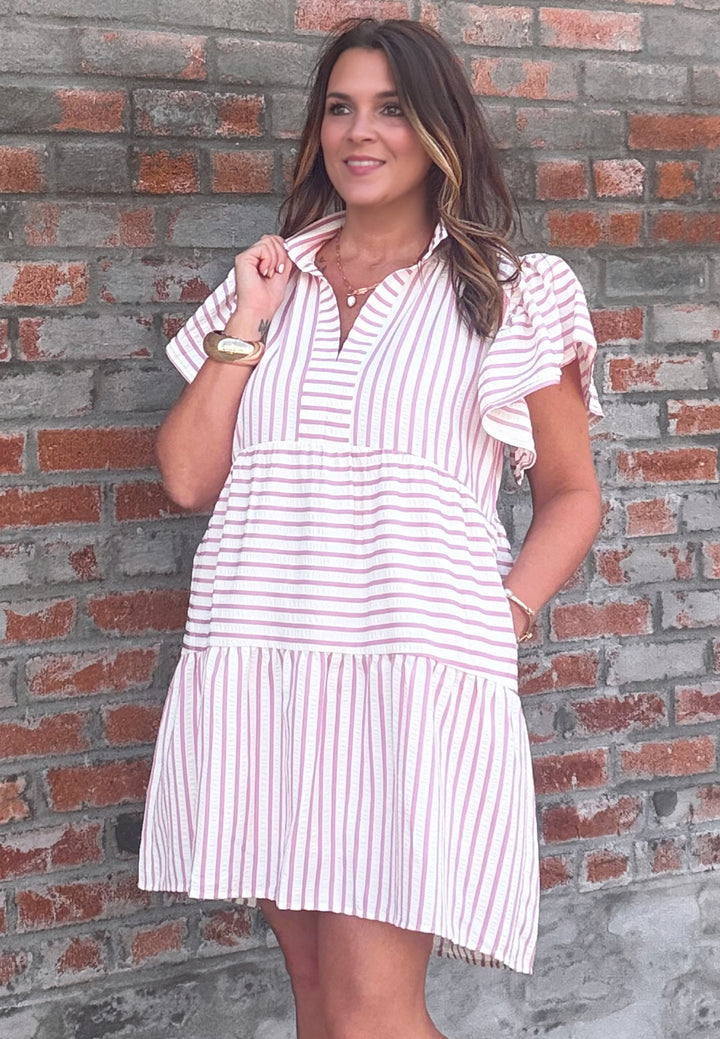 Stripped Flutter Sleeve Babydoll Dress
