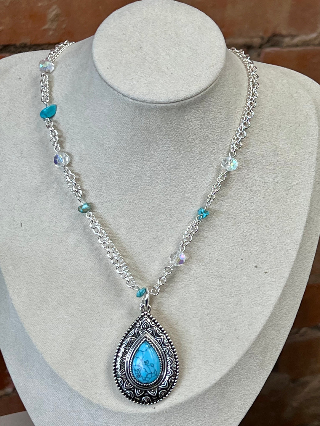 Silver Chain with Oval Teardrop Madellon Turquoise Stone Necklace