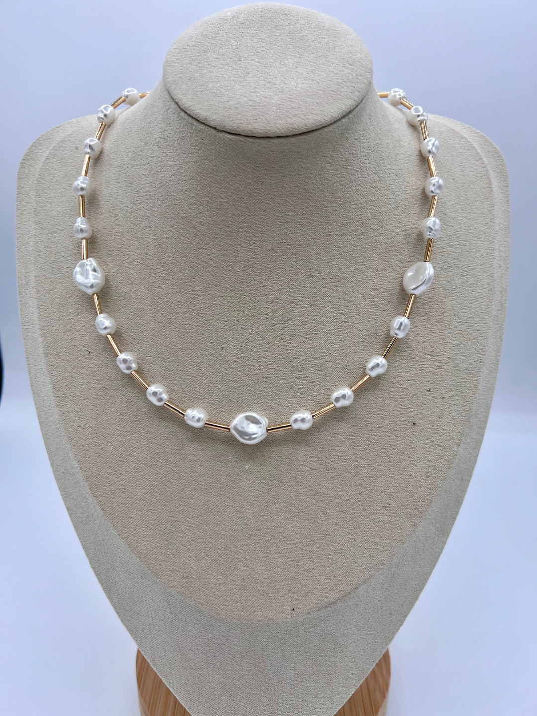 White Pearl Nuggets on Gold Necklace