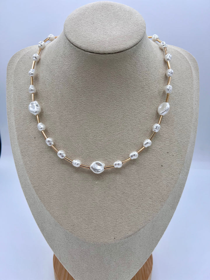 White Pearl Nuggets on Gold Necklace