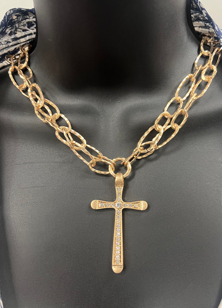 Gold Layered Chain with Rhinestone Cross 16"-18" Necklace