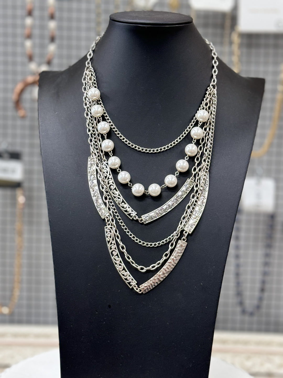 Multi Strand Silver chain w,Pearls Necklace