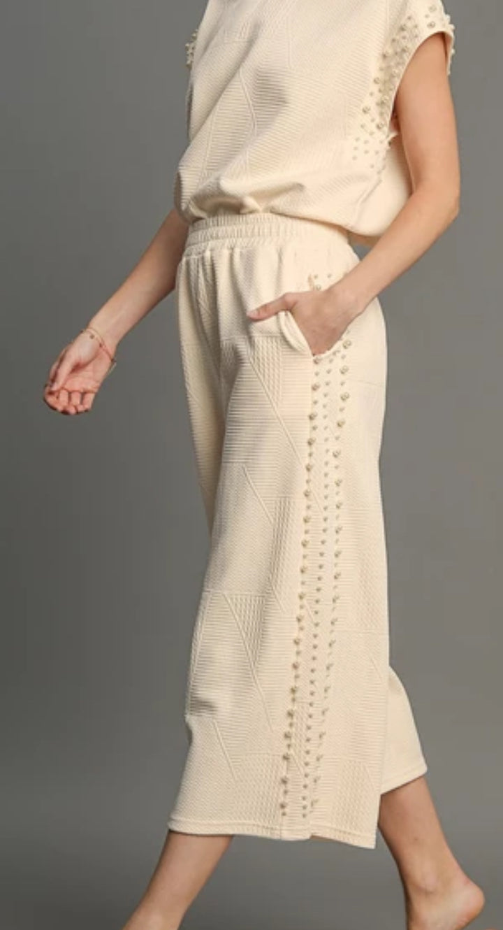 Umgee Textured Wide Leg Pants in Cream
