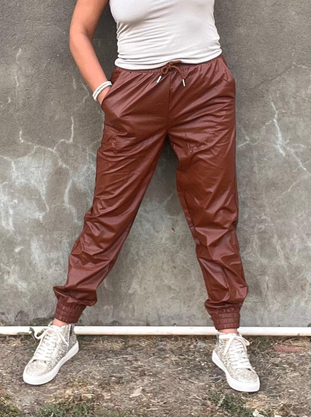 Rocking It Leather Joggers in Caramel