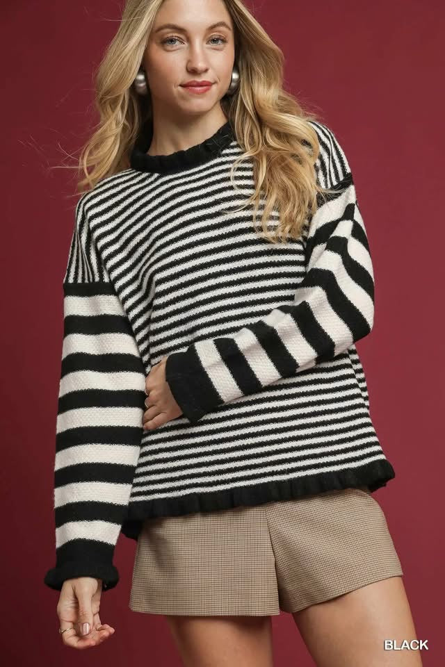 UMGEE Ruffle Neck Stripe Sweater