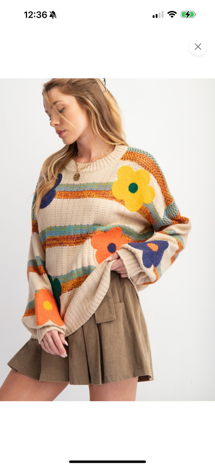 Stripe and Flower Pattern Light Weight Sweater