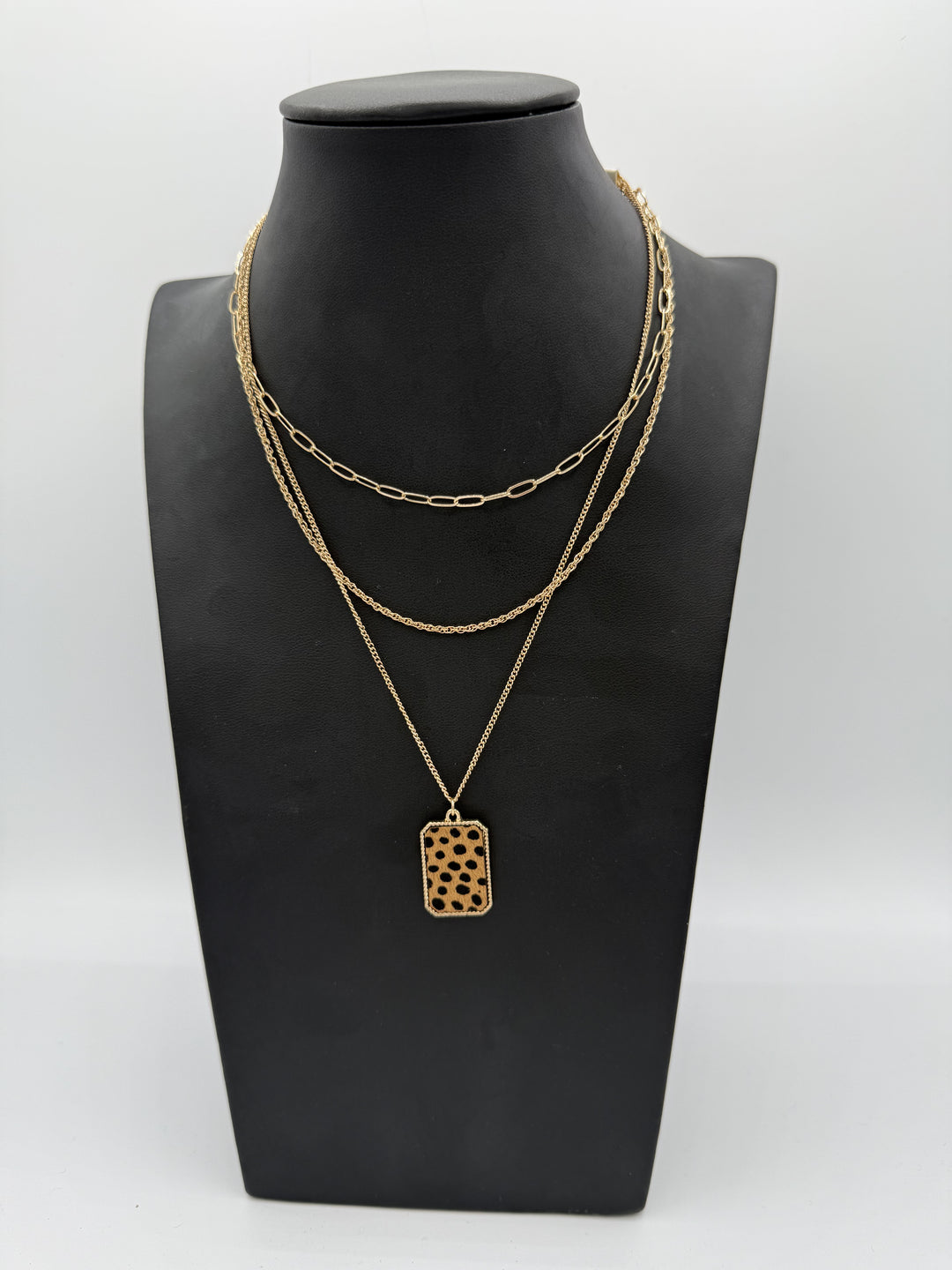 Gold Multi Layered Necklace w/ Leopard Stone