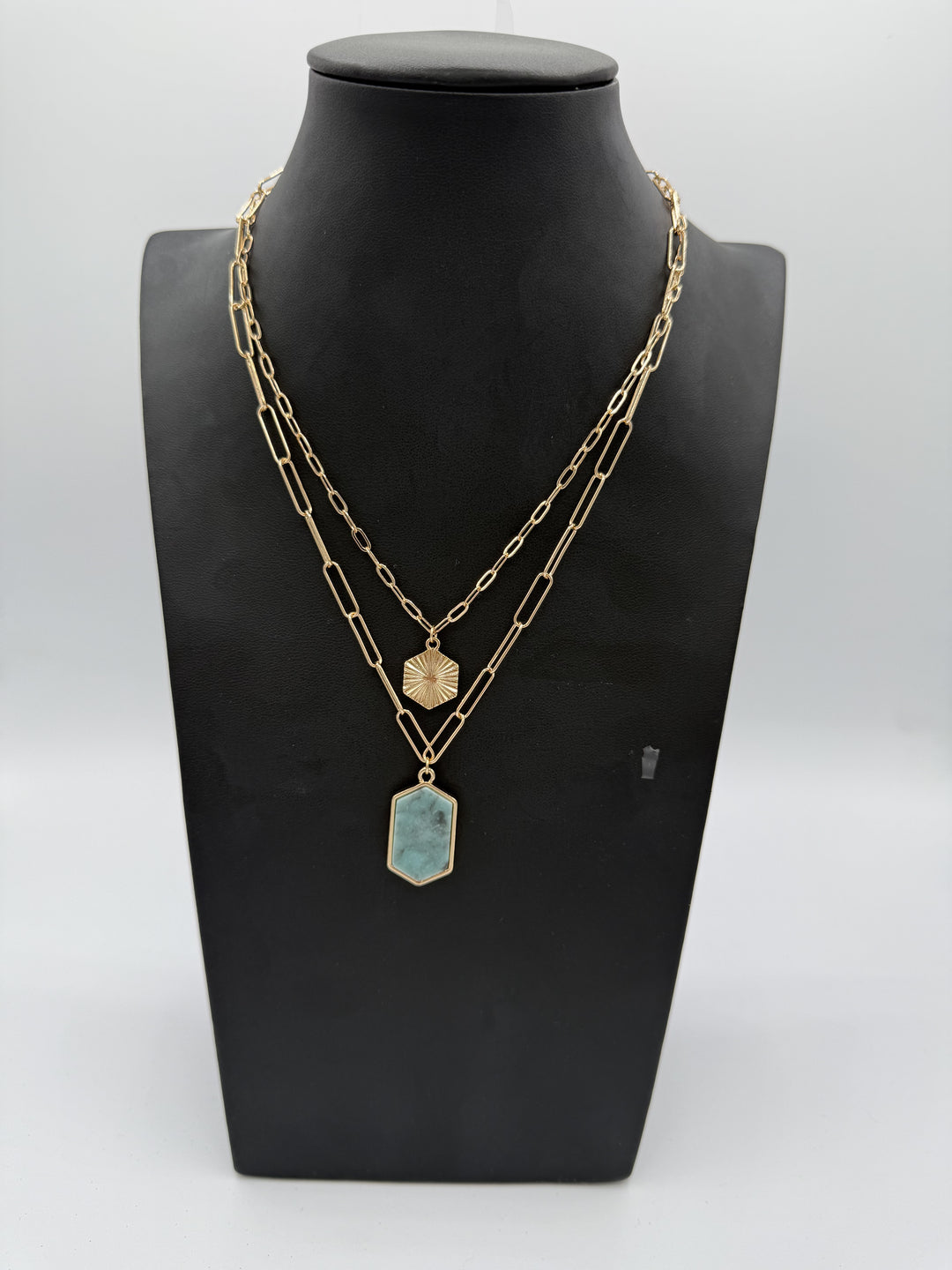 Gold Paperclip Layered Necklace w/Blue Marble Stone