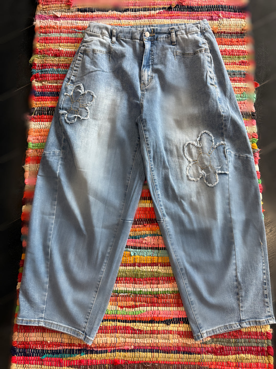 Washed Denim Flower Imprint Bottoms