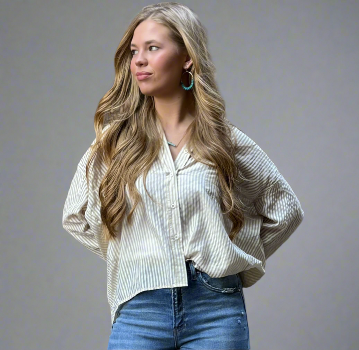 Striped Sheer Oversized Button Down Shirt